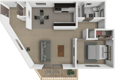 A 3D floor plan of an apartment with a kitchen, living room, and bathroom and one bedroom.