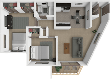 A 3D floor plan of a 2 bedroom 1 bathroom apartment.