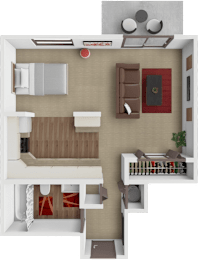 A top-down view of a living room with a couch, a chair, a coffee table, and a small potted plant.