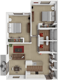 A 3D floor plan of a small apartment with a kitchen, living room, and bedrooms.
