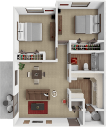 A 3D floor plan of a small apartment with a kitchen, living room, and bedroom.