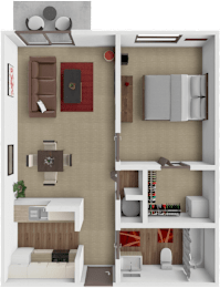 A 3D rendered image of a small apartment layout.