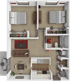 A 3D rendered image of a small apartment layout.