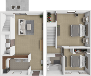 a split image of a bedroom and a living room
