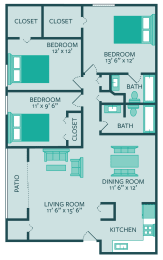 Floor Plan  three bed two bathroom floor plan at forest park apartments