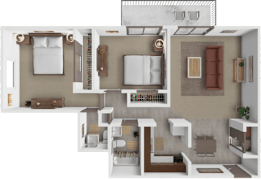 A top-down view of a modern apartment layout with a kitchen, living room, and bedrooms.