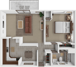 A 3D floor plan of a small apartment with a kitchen, living room, and bedroom.