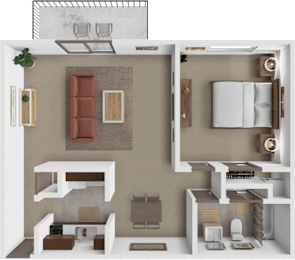 A modern, minimalist interior design layout featuring a kitchen, living room, and bathroom.