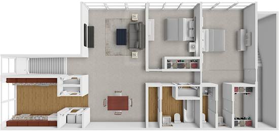 A 3D rendered image of a small apartment layout.