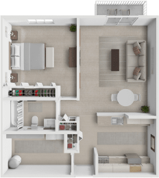 a rendering of a 1 bedroom floor plan with a bathroom and a living room