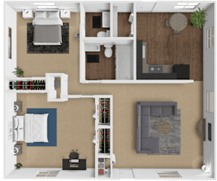 a 3D floor plan of a 2 bedroom apartment with 1.5 baths at forest hills apartments