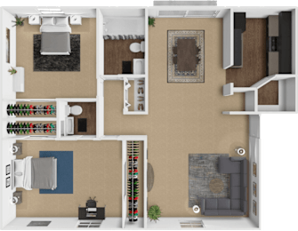 A 3D floor plan of a 2 bedroom 1.5 bathroom apartment at forest hills apartments.