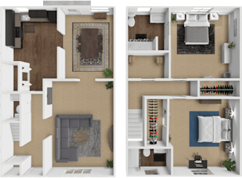 A top-down view of an apartment 3D floor plan with 2 bedrooms 2.5 bathrooms