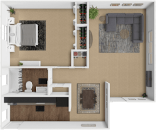 A 3D floor plan of a 1 bedroom 1 bathroom apartment at Forest Hills Apartments
