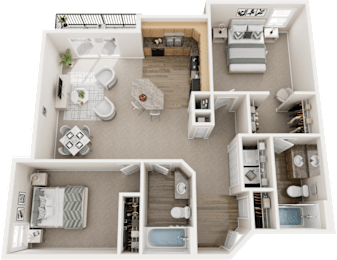 A detailed 3D floor plan of a two-bedroom apartment.