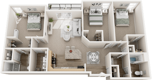 A 3D floor plan of a house with a kitchen, living room, and two bedrooms.