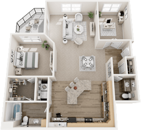 A 3D floor plan of a house with a kitchen, living room, and bathroom.