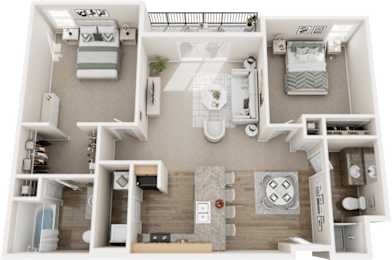 A 3D floor plan of a house showing a kitchen, living room, dining room, and two bedrooms.