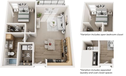 A set of four images showing different layouts of a bedroom with variations including an open bedroom closet and separate laundry and coat closet spaces.