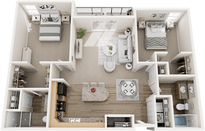 A detailed 3D floor plan of a two-bedroom apartment.
