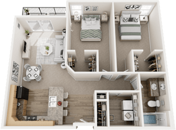 A top-down view of a house layout with two bedrooms, a living room, a kitchen, and a bathroom.