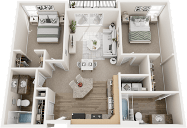 A top-down view of a small apartment with a living room, kitchen, and two bedrooms.