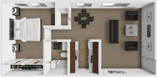 A modern kitchen with brown walls and white appliances.