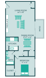 One bedroom One bathroom floor plan at Forest Park Apartments