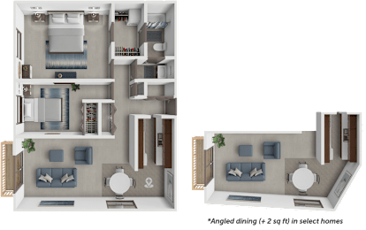 2 bed 1 bath Fontis floor plan with angled dining variation