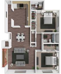 A 3D floor plan of a house with a kitchen, living room, and bathroom.