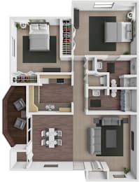 A top-down view of a house layout with a kitchen, living room, dining room, and bedrooms.