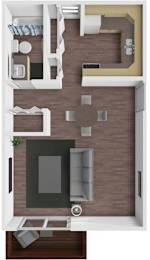 A 3D floor plan of a small apartment with a kitchen, living room, and bathroom.