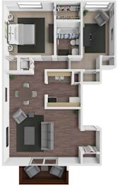 A floor plan of a small apartment with a kitchen, living room, and bedroom.