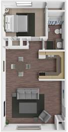 A 3D floor plan of a small apartment with a kitchen, living room, and bathroom.