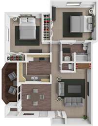 A top-down view of a two-bedroom apartment with a living room, kitchen, and bathroom.
