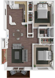 A top-down view of a small apartment with a kitchen, living room, and bathroom.