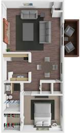 A 3D floor plan of a small apartment with a kitchen, living room, and bathroom.