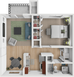 One bedroom one bath floor plan at Greenway Chase Apartments