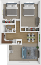 a 3d rendering of a bedroom with a bathroom and a living room