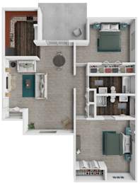 A top-down view of a small apartment with a kitchen, living room, and bedroom.