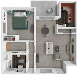 A top-down view of a modern apartment layout with a bedroom, living room, and kitchen.