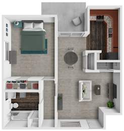 A top-down view of a small apartment with a bedroom, living room, and kitchen.