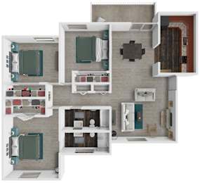 A 3D floor plan of a house showing a kitchen, living room, dining room, and bathroom.