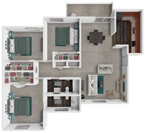 A 3D floor plan of a house showing a kitchen, living room, dining room, and bathroom.