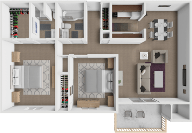 a 3d rendering of a bedroom with a bathroom and a living room