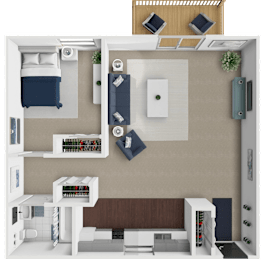 A 3D rendered image of a 1 bedroom 1 bathroom apartment
