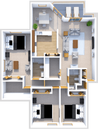 3 bedroom 2 bath floor plan at Hidden Cove Apartments