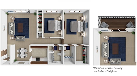 A diagram shows three different layouts for a small apartment.