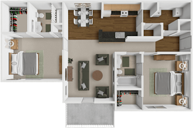 A top-down view of a small apartment layout with a living room, kitchen, and bedroom.