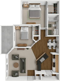 A 3D floor plan of a small apartment with a kitchen, living room, and bathroom.